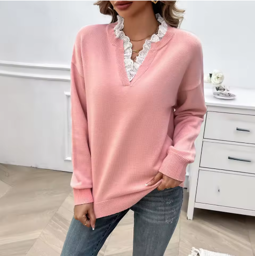 Maglione donna con scollo a V e bordo in pizzo – disponibile in più colori