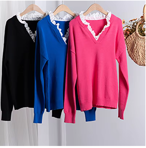 Maglione donna con scollo a V e bordo in pizzo – disponibile in più colori