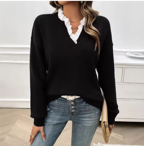 Maglione donna con scollo a V e bordo in pizzo – disponibile in più colori