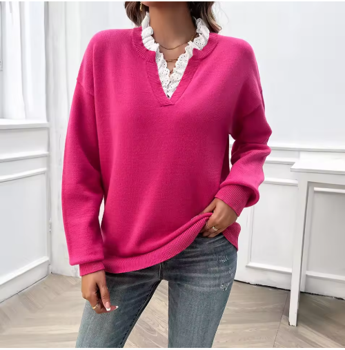 Maglione donna con scollo a V e bordo in pizzo – disponibile in più colori