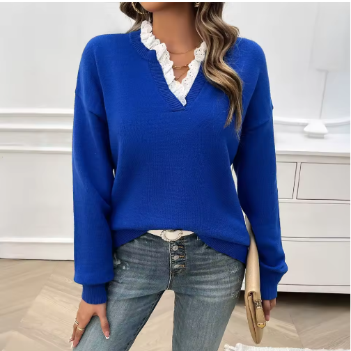Maglione donna con scollo a V e bordo in pizzo – disponibile in più colori